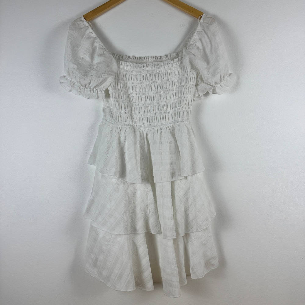 Thirty‎ Thirty White Smocked Tiered Ruffle Sleeve Mini Dress Size M